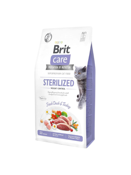 Brit Care STERILIZED, WEIGHT CONTROL 2KG cu Rata si Curcan - hrana uscata fara cereale pentru pisici sterilizate