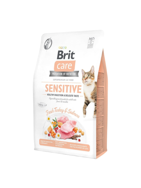 Brit Care SENSITIVE HEALTHY DIGESTION 2KG cu  Curcan si Somon 2Kg - hrana uscata hypoallergenica pentru pisici, digestie sensibila